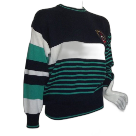 FIA ITALIA Sweater, M, Blue/White/Green stripes, Crested, Pullover, crew neck - Picture 3 of 11